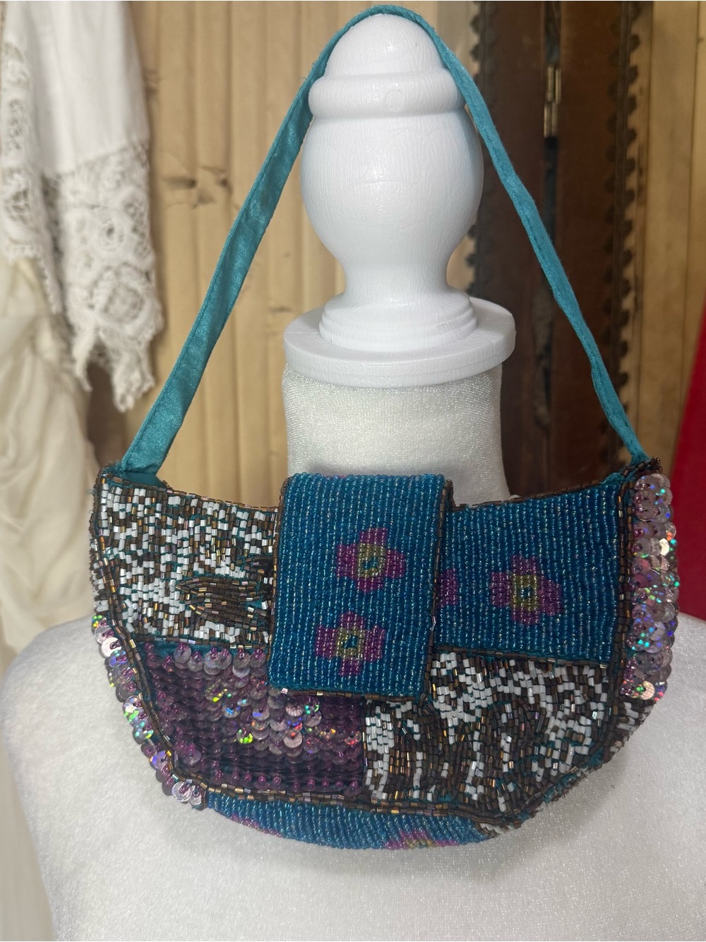 Teal Beaded Floral Shoulder Bag